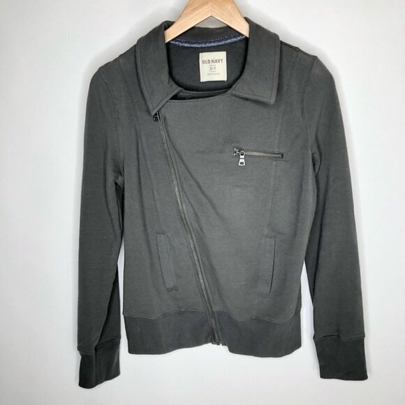 Old NAVY Smokey Grey Moto Asymmetrical Zipup Stretchy Pocket Sweater Jacket Coat - Picture 1 of 14
